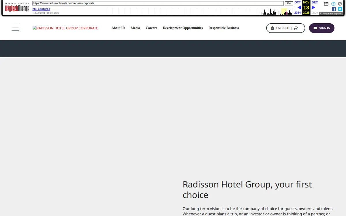 Radisson Corporate (Wayback 05.11.2025): перший екран